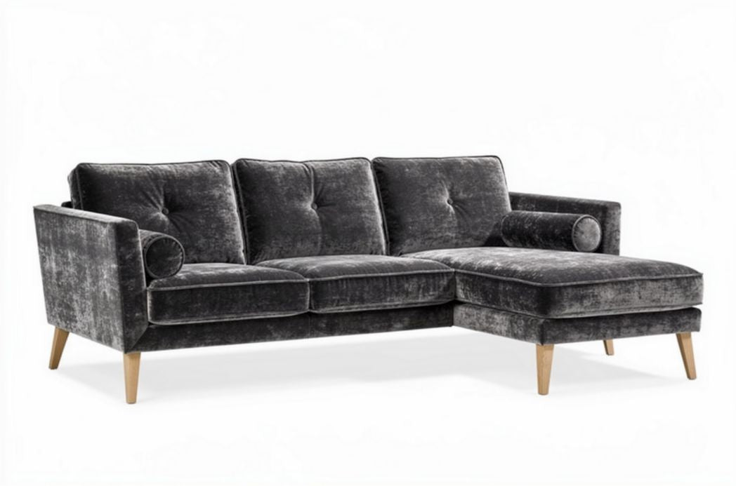 Velvet sectional sofa with wooden legs in dark gray 220 x 90 x 85cm