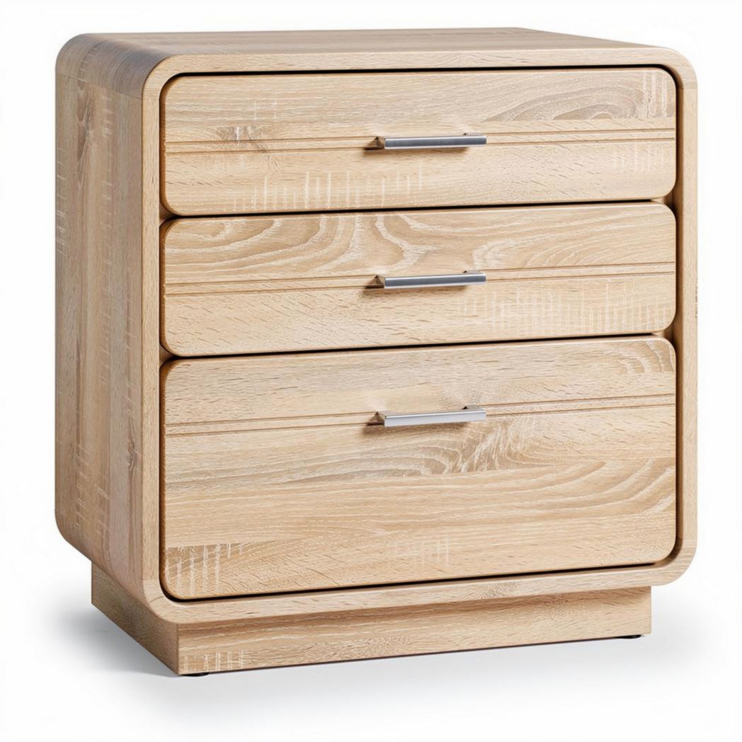 Wooden bedside table with three drawers in natural finish 40 x 50 x 40cm