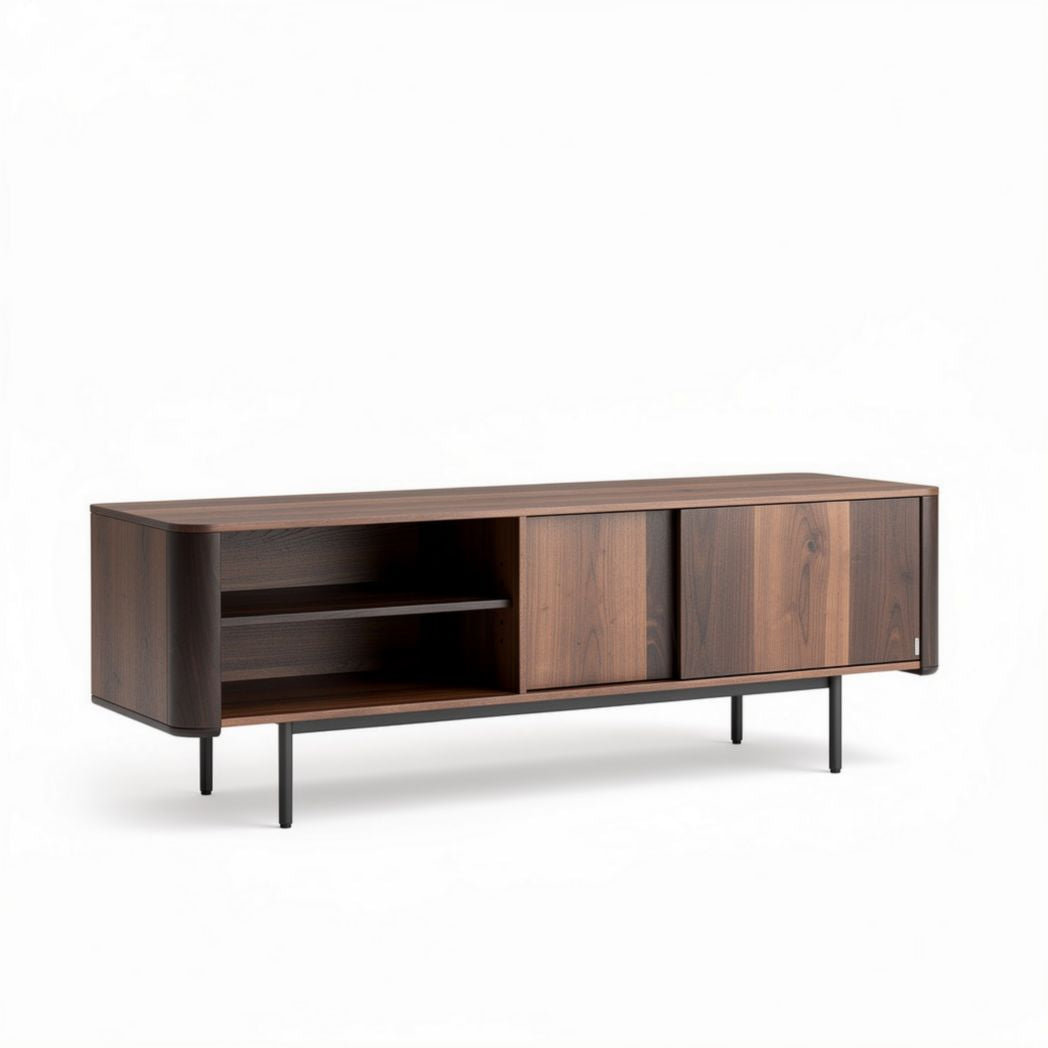 Modern wooden media console with open shelving and storage cabinets 150 x 40 x 45cm