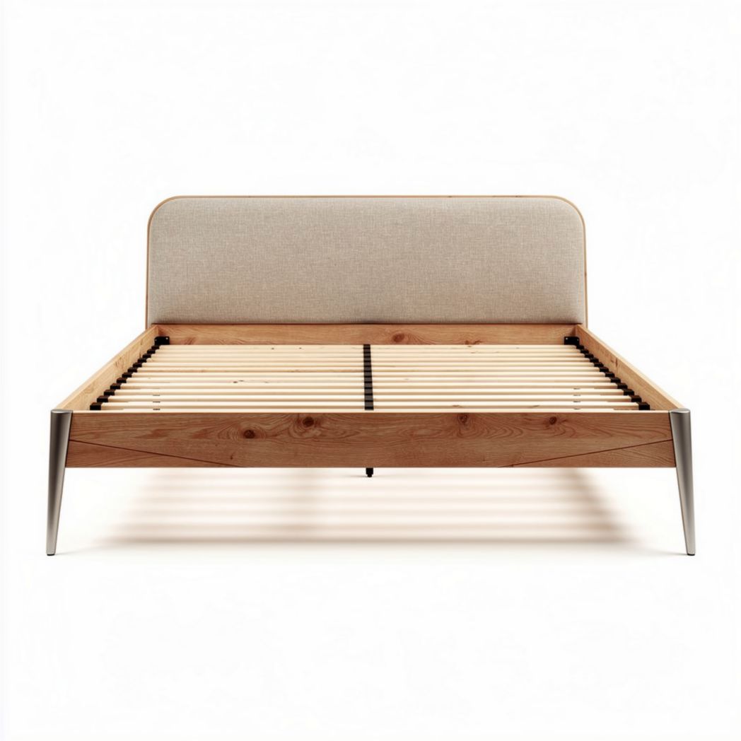 Wooden platform bed frame with upholstered headboard and metal legs 190 x 150 x 40cm