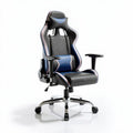 Racing style gaming chair in black and blue with adjustable height and lumbar support