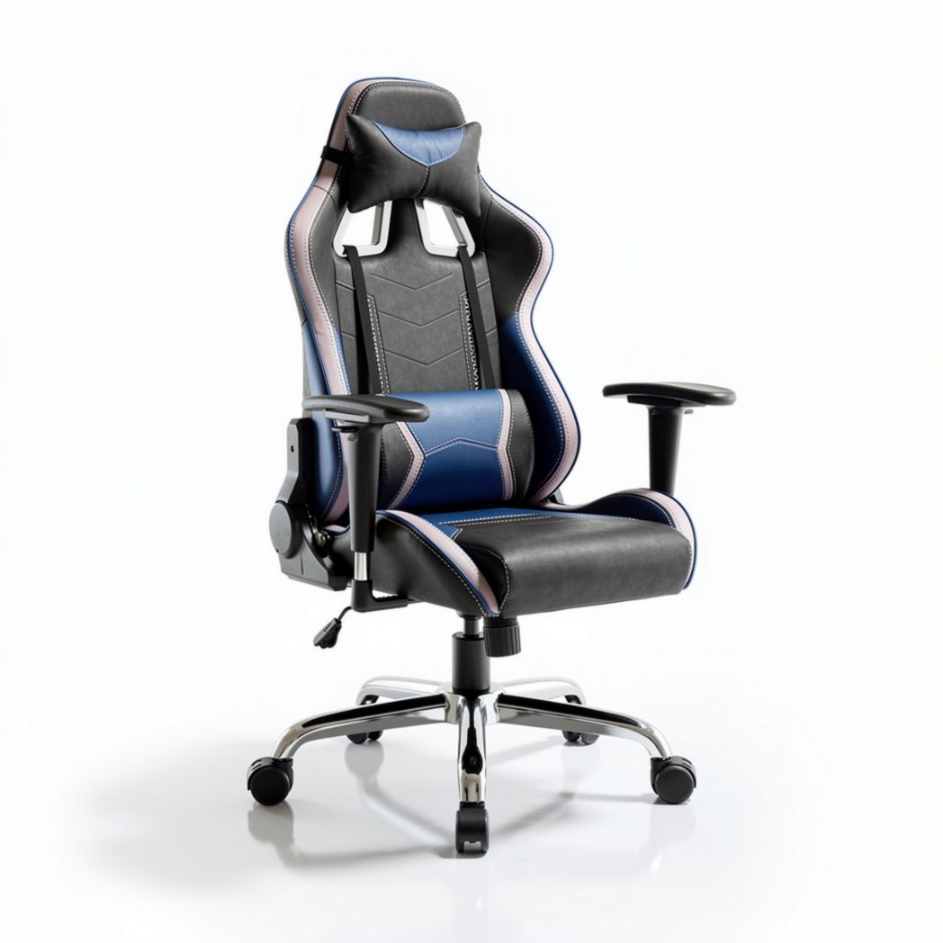 Racing style gaming chair in black and blue with adjustable height and lumbar support