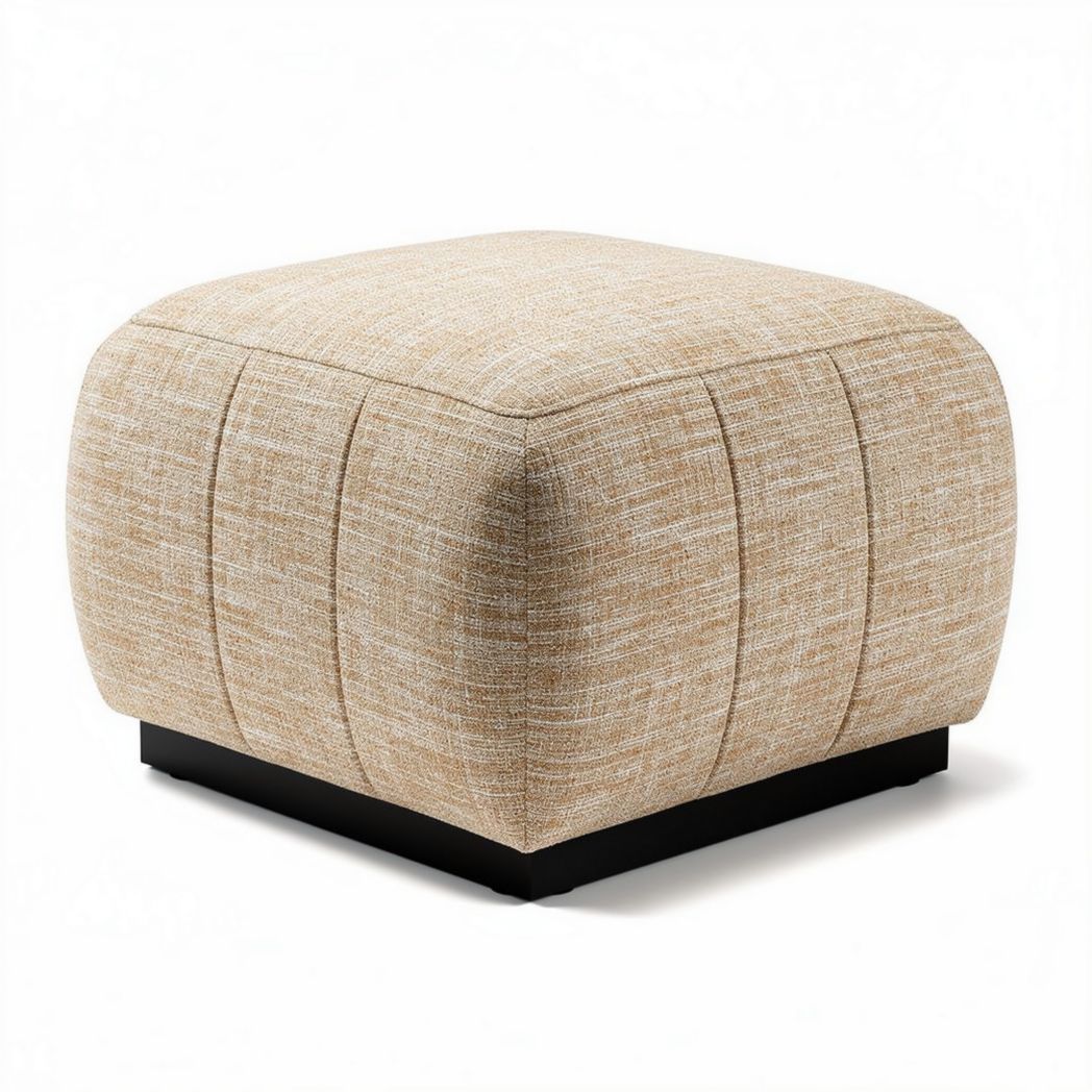 Fabric upholstered square ottoman in beige with a black wooden base 60 x 60 x 45cm