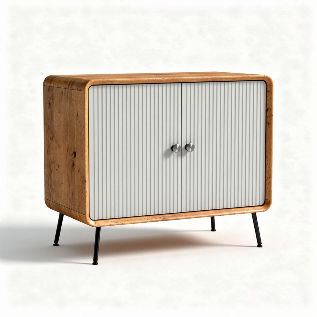 Wooden cabinet with ribbed doors and black metal legs 100 x 50 x 75cm