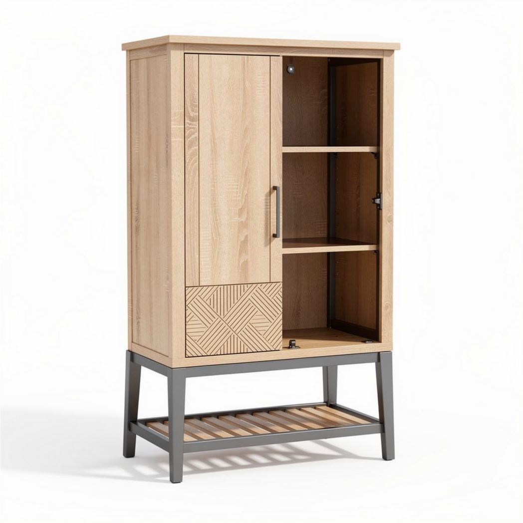 Wooden storage cabinet with metal legs and patterned door 80 x 40 x 120cm