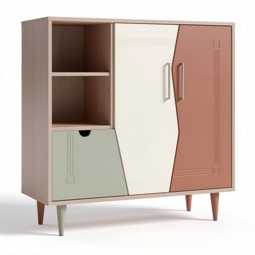 Multicolored wooden storage cabinet with two doors and one drawer 80 x 40 x 90cm