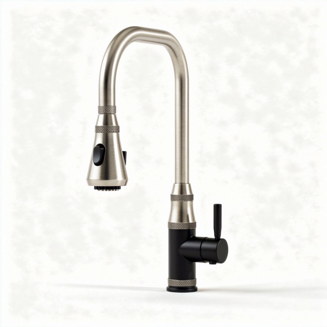 Brushed nickel pull-down kitchen faucet with black base and swivel spout