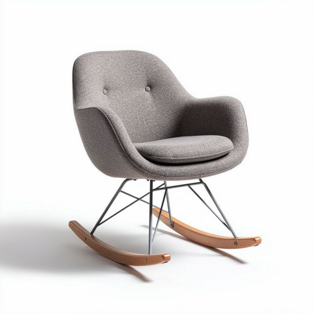 Rocking chair with fabric upholstery and wooden base in gray color
