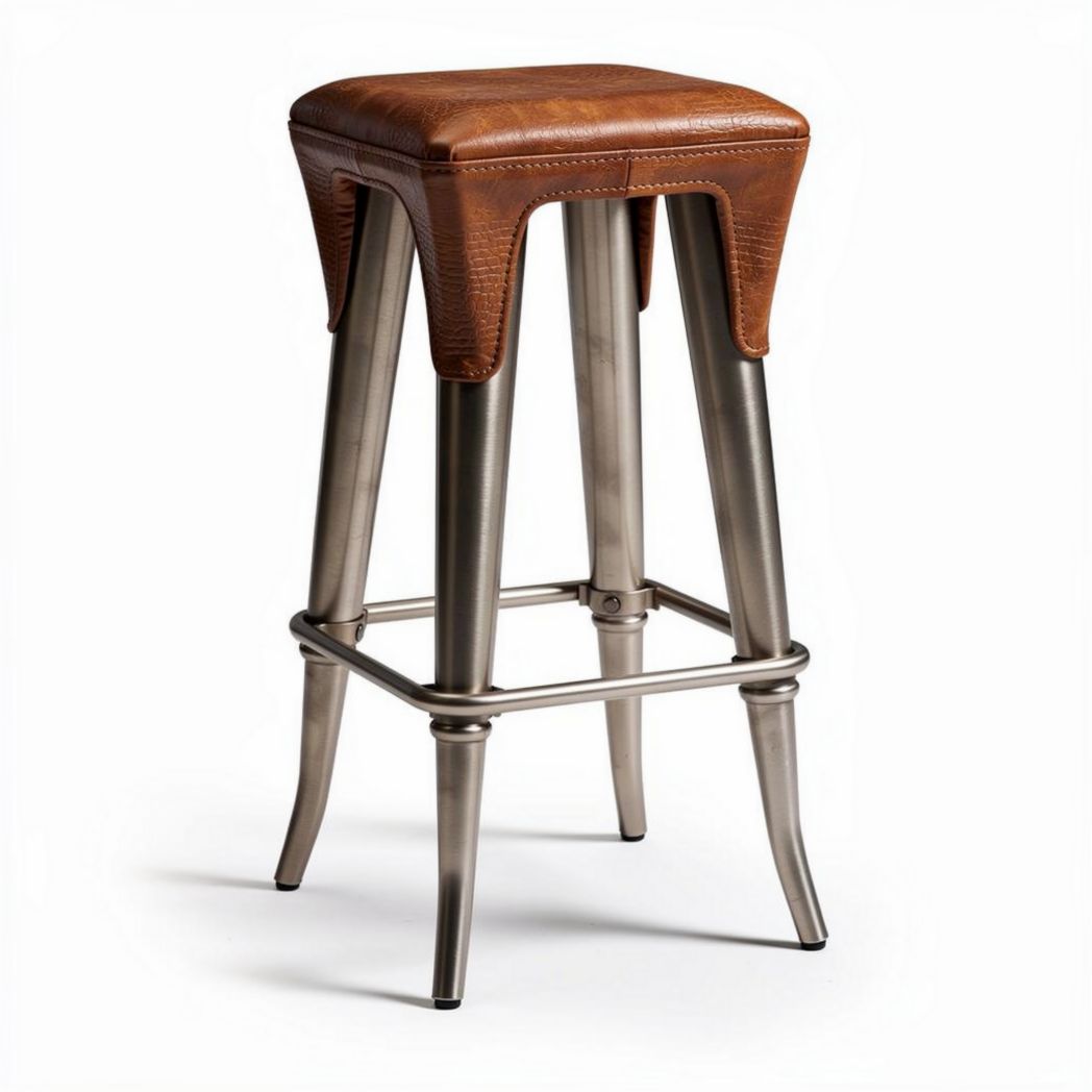Metal bar stool with brown leather seat 45 x 45 x 75cm